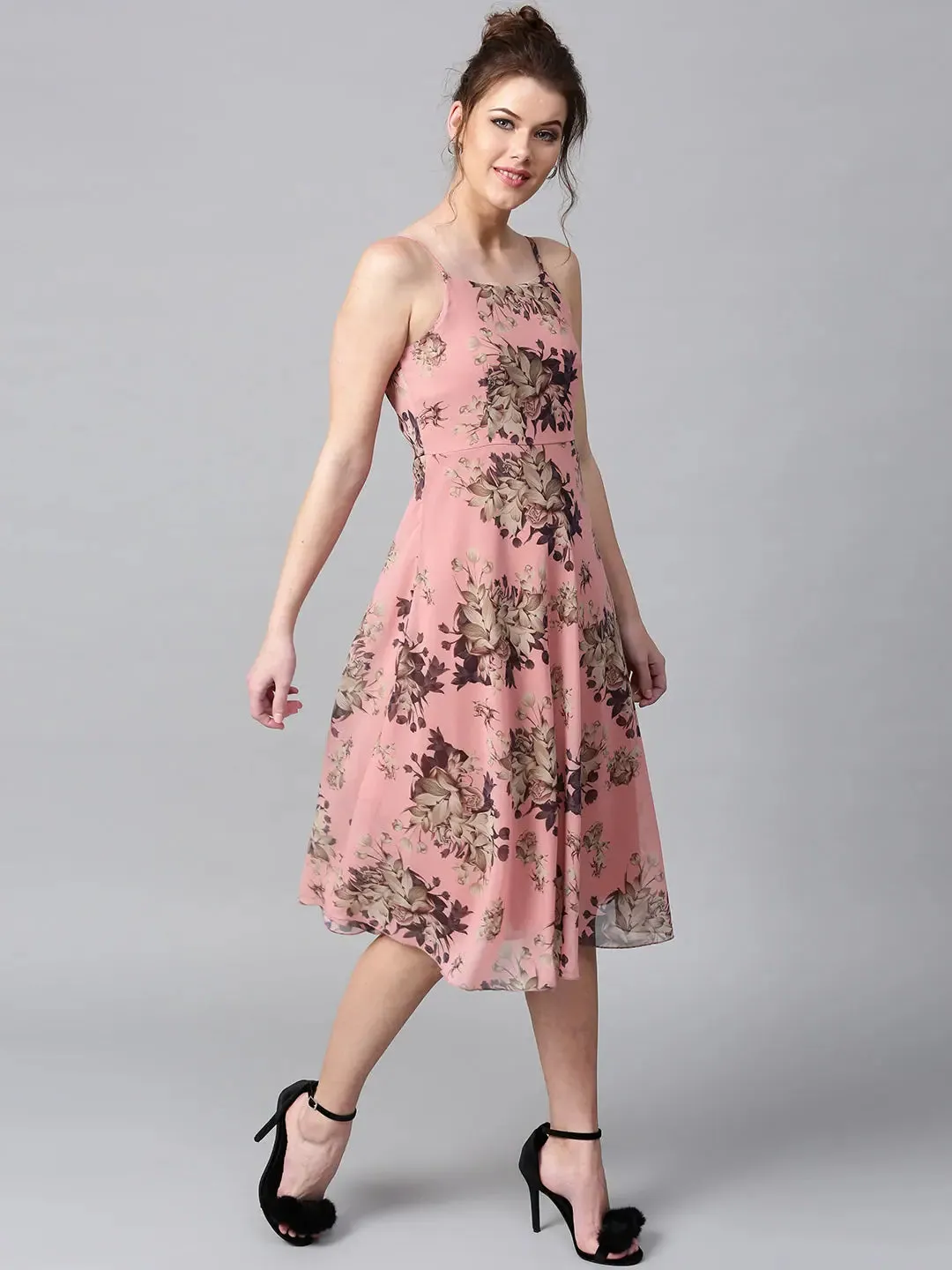 Millennial Pink Floral Midi Strap Dress