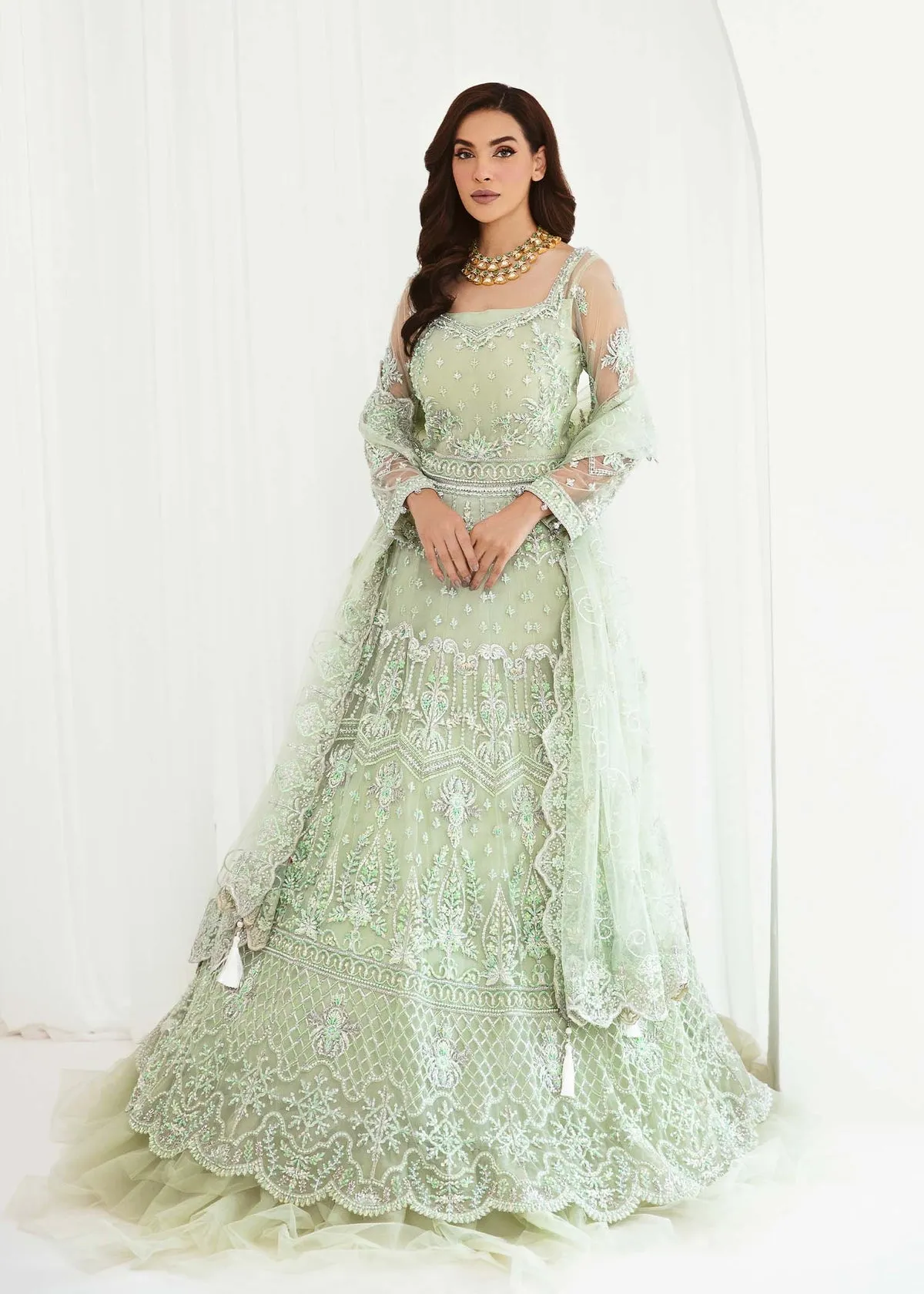 Mint Green Embroidered Huge Flare Pishwas Pakistani Wedding Dress