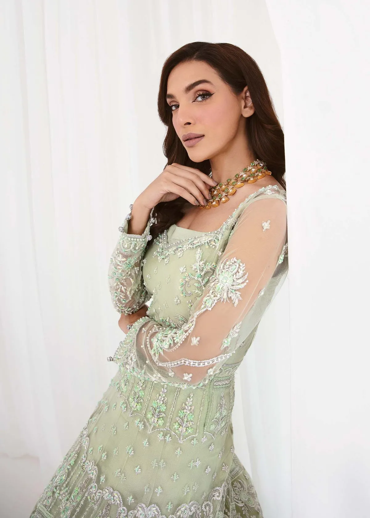 Mint Green Embroidered Huge Flare Pishwas Pakistani Wedding Dress