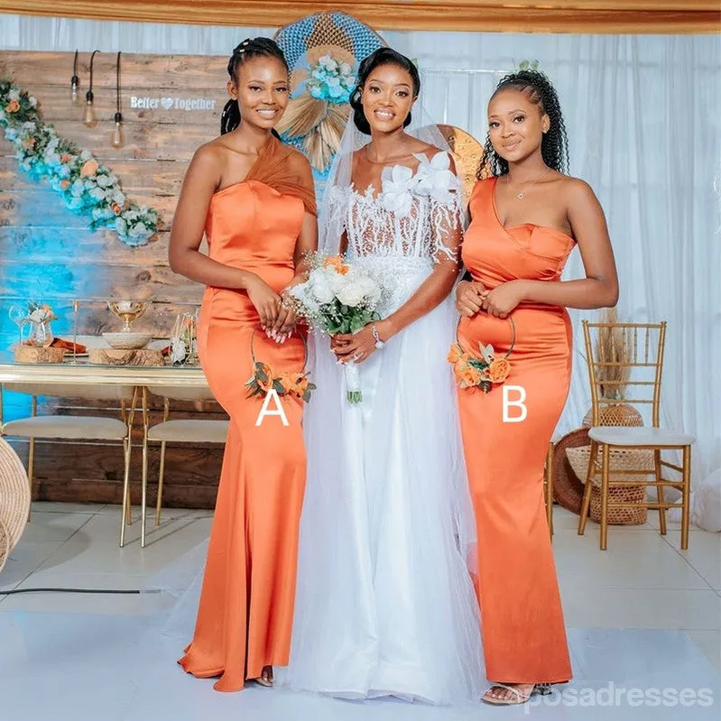 Mismatched Orange Mermaid One Shoulder Maxi Long Bridesmaid Dresses For Wedding Party,WG1866
