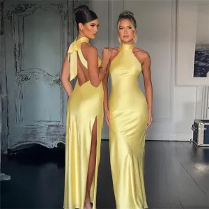 Modern Yellow Saudi Arabia Prom Dresses Mermaid Halter Pleated Backless Evening Dresses Dubai Women Party Gowns