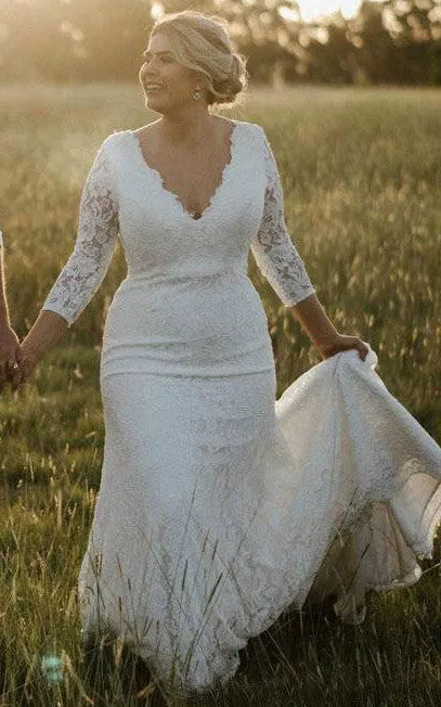 Modest Mermaid V-neck Lace Floor-length Court Train Zipper Wedding Dress-715952