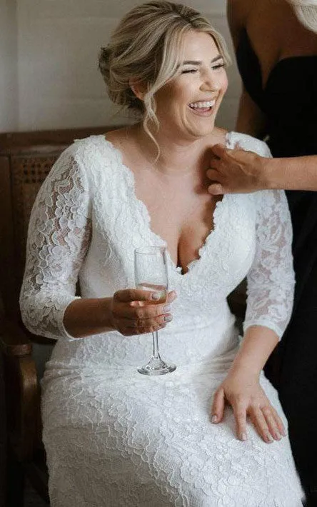 Modest Mermaid V-neck Lace Floor-length Court Train Zipper Wedding Dress-715952