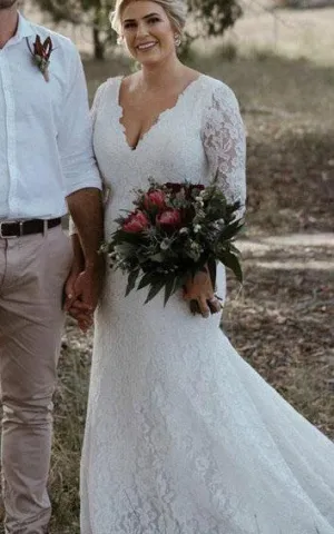 Modest Mermaid V-neck Lace Floor-length Court Train Zipper Wedding Dress-715952