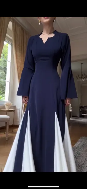 Modest Navy Blue Long Sleeves A-Line Chiffon Long Formal Party Dress, D929