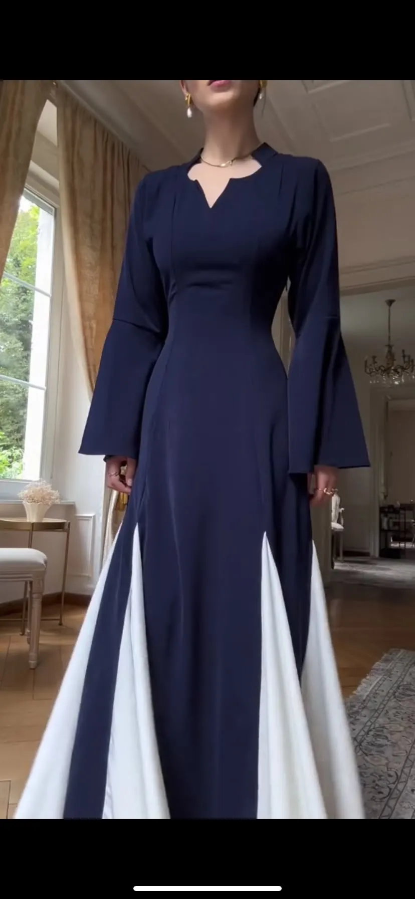 Modest Navy Blue Long Sleeves A-Line Chiffon Long Formal Party Dress, D929