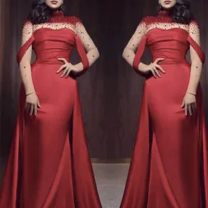 modest red prom dresses long high neck beaded Dubai fashion elegant muslim prom gown vestido Longo