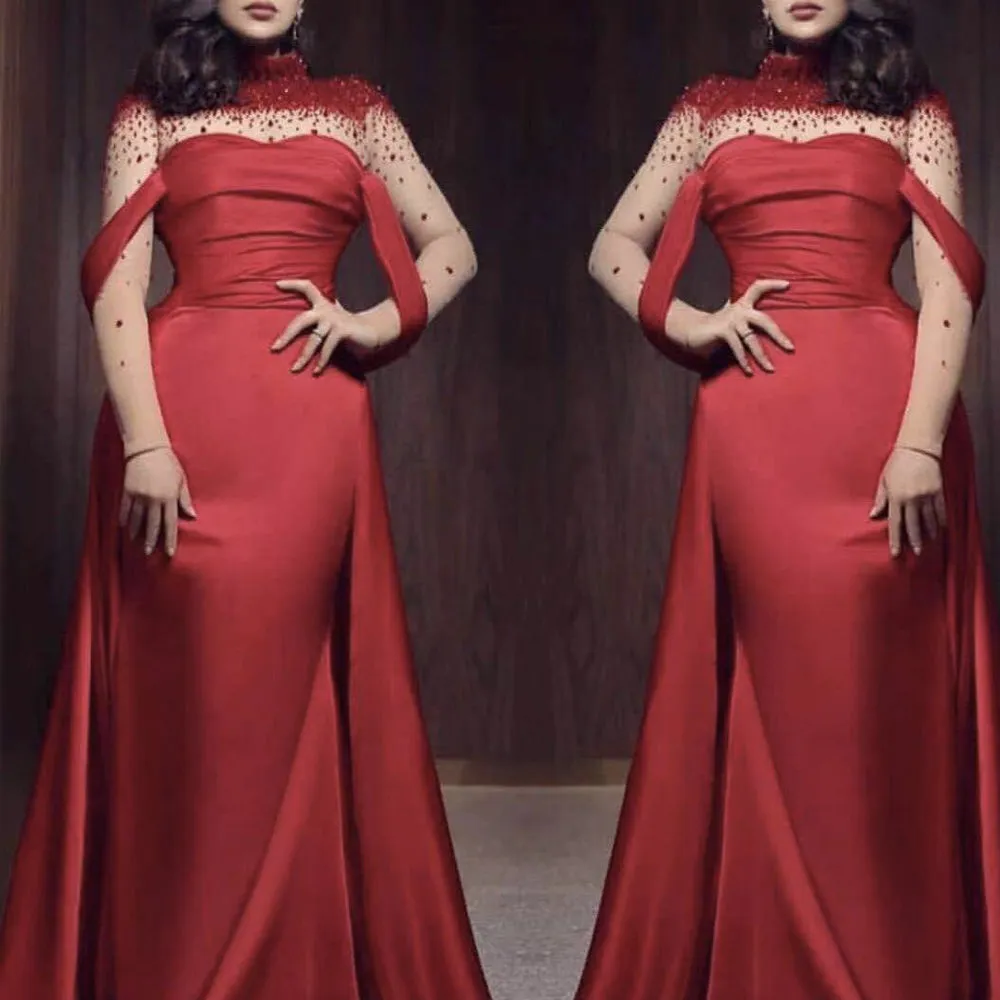 modest red prom dresses long high neck beaded Dubai fashion elegant muslim prom gown vestido Longo