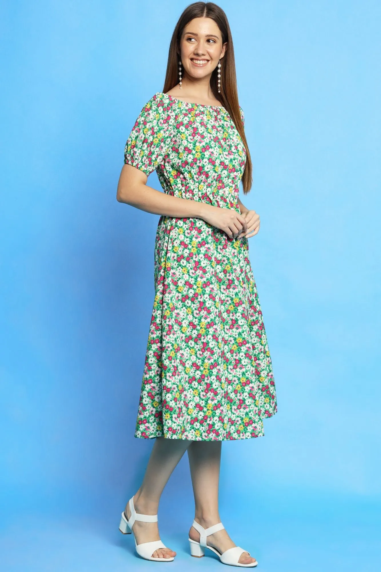 Multi color ditsy print off shoulder dress