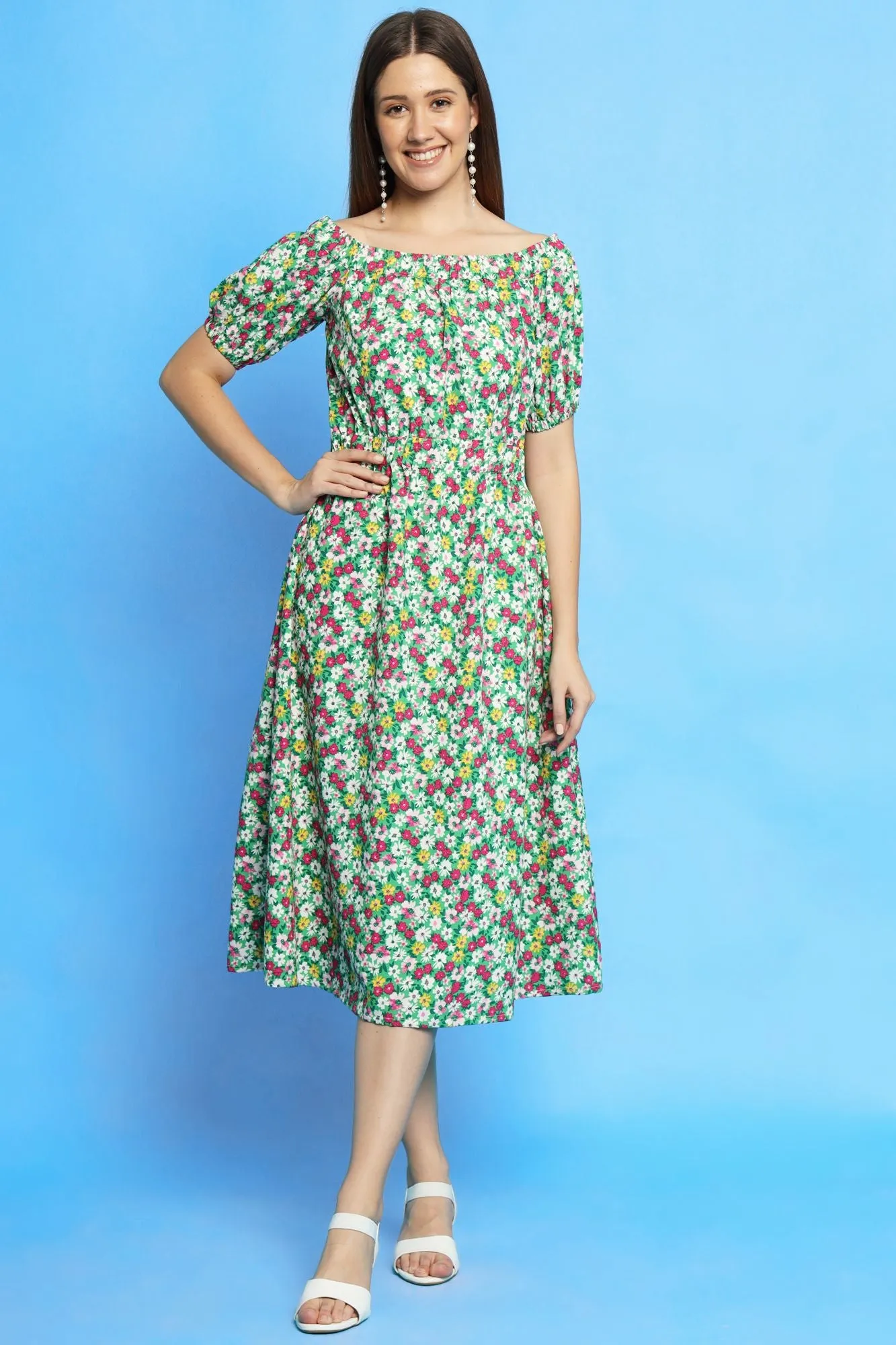 Multi color ditsy print off shoulder dress