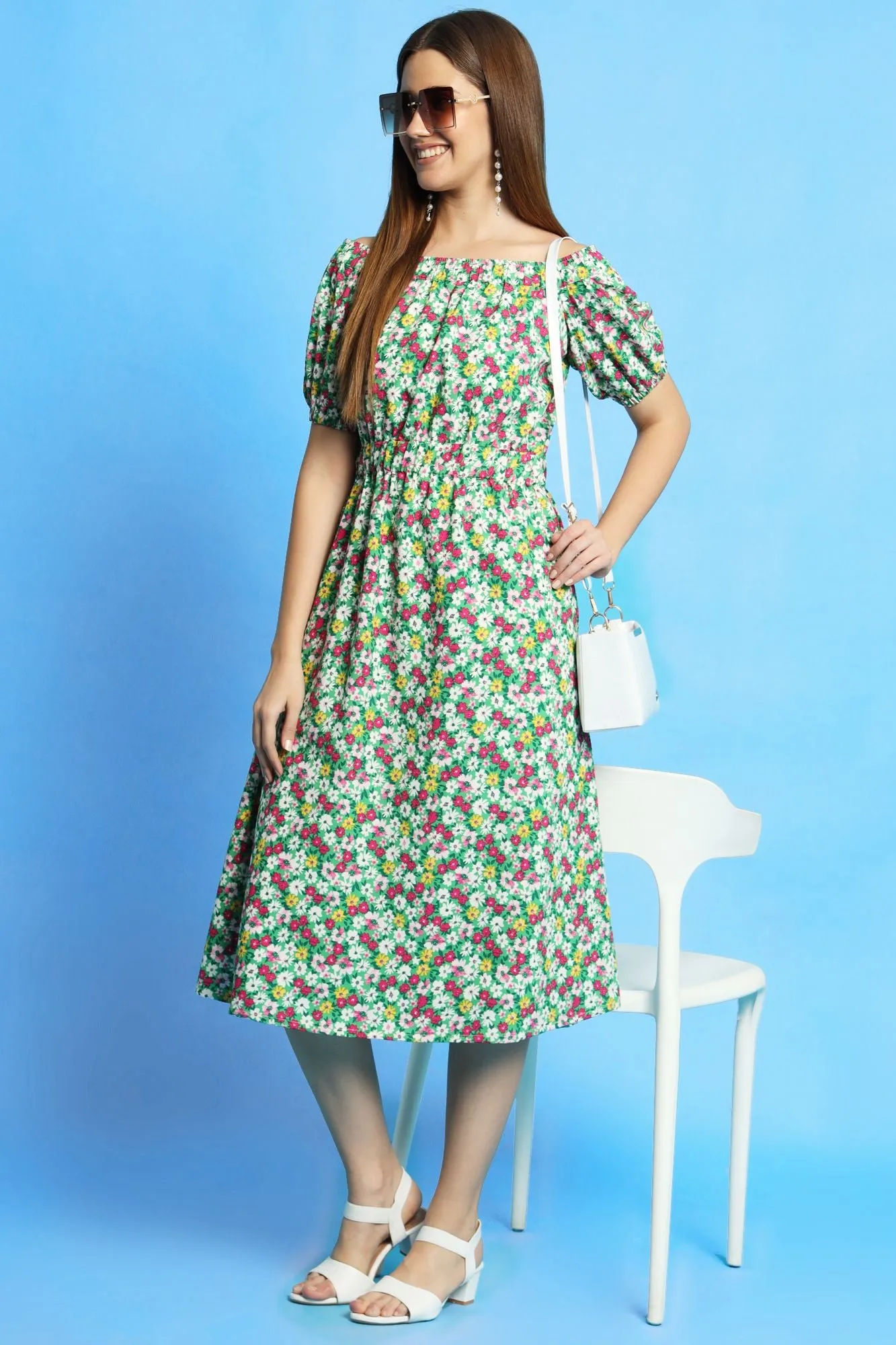 Multi color ditsy print off shoulder dress