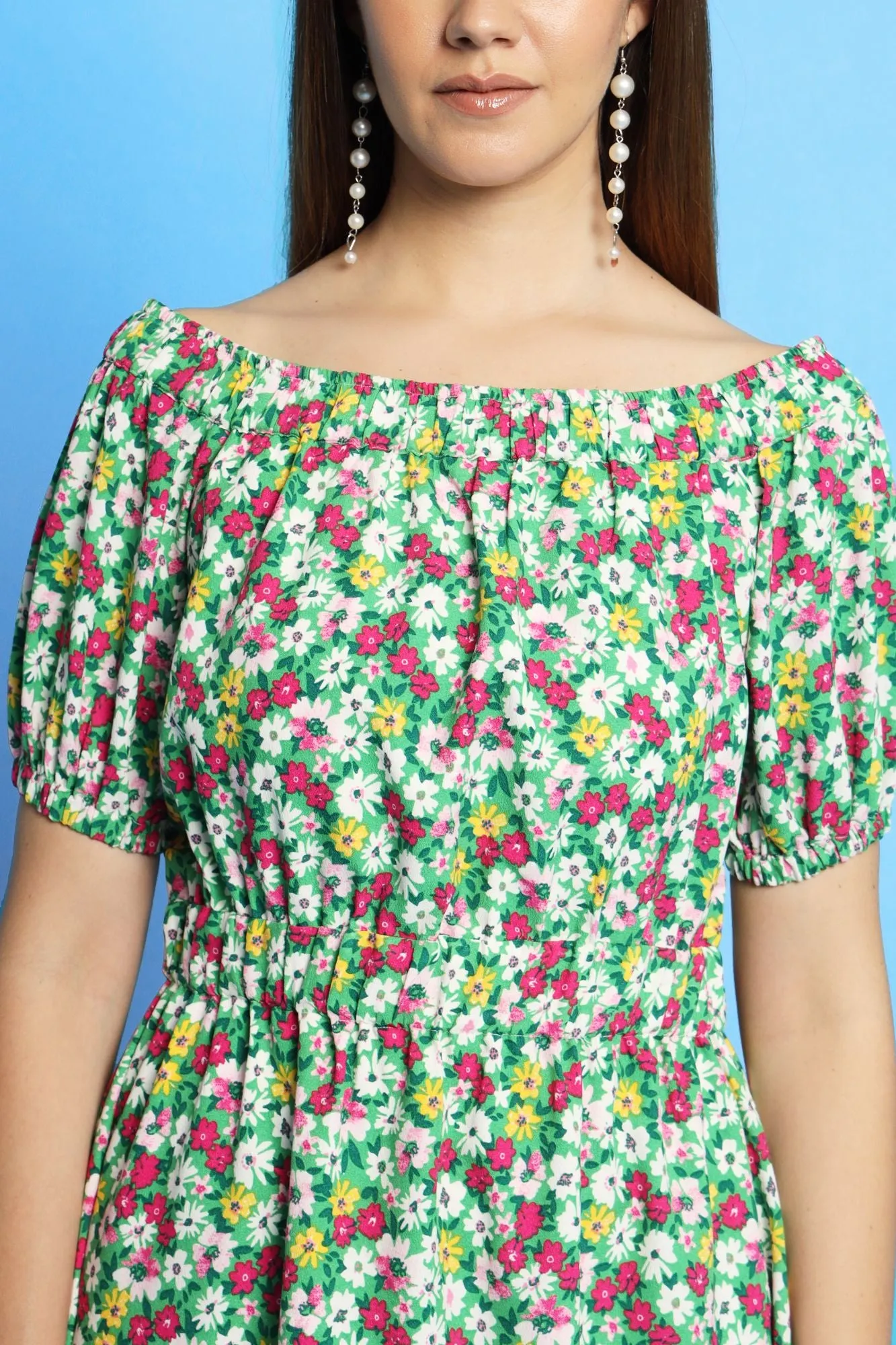 Multi color ditsy print off shoulder dress