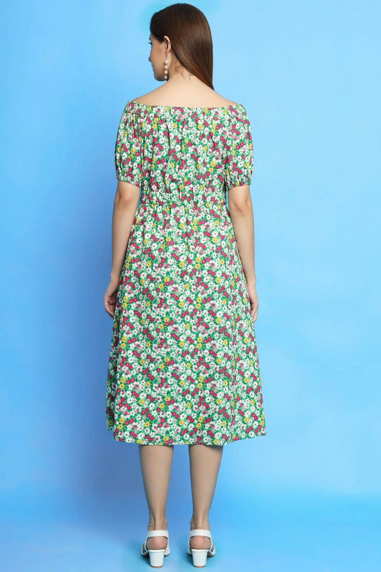 Multi color ditsy print off shoulder dress