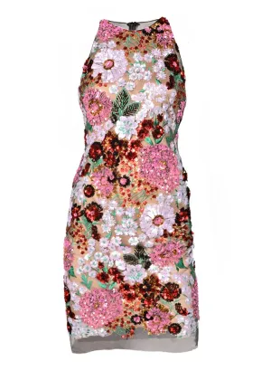 Multi Floral Bouquet Sequin Dress with Illusion Back