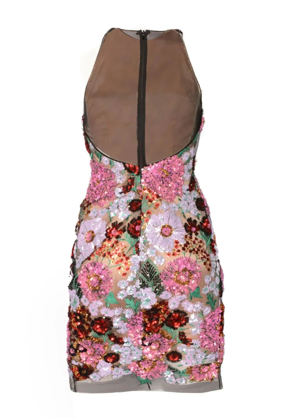 Multi Floral Bouquet Sequin Dress with Illusion Back