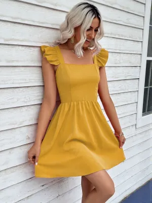 Mustard Fit And Flare Dress With Ruffle