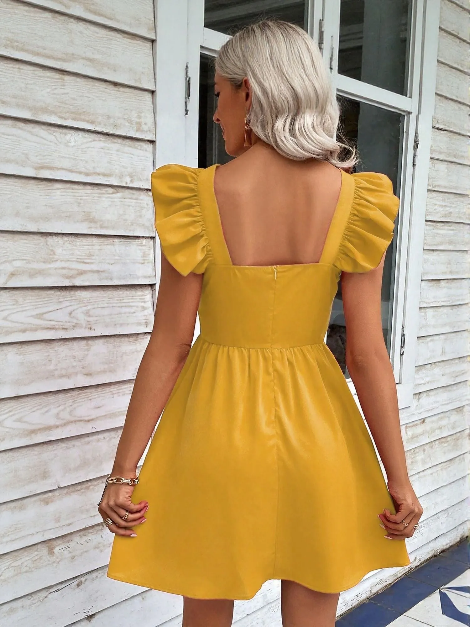 Mustard Fit And Flare Dress With Ruffle