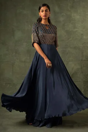 Navy Blue Ajrakh A-Line Gown