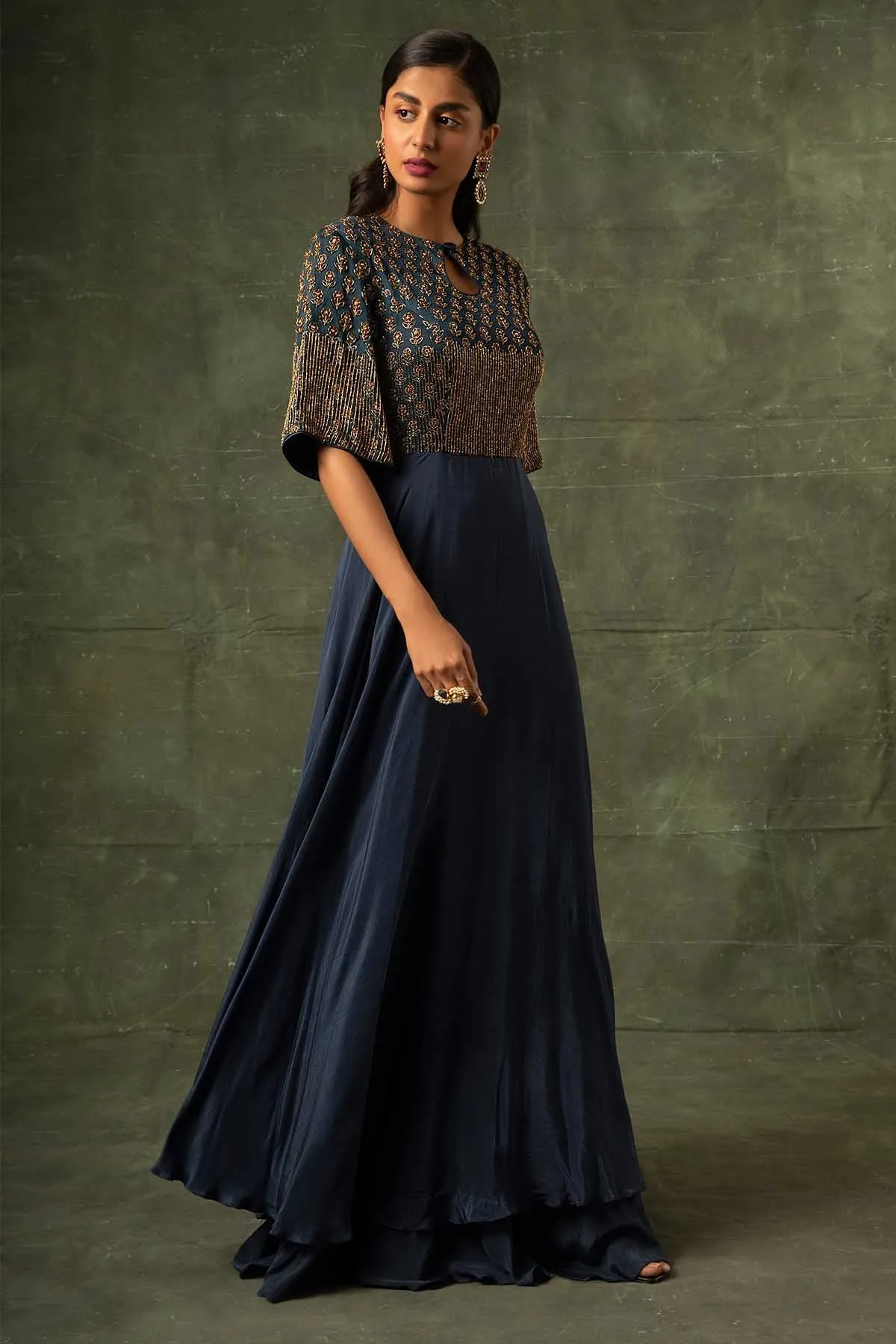 Navy Blue Ajrakh A-Line Gown