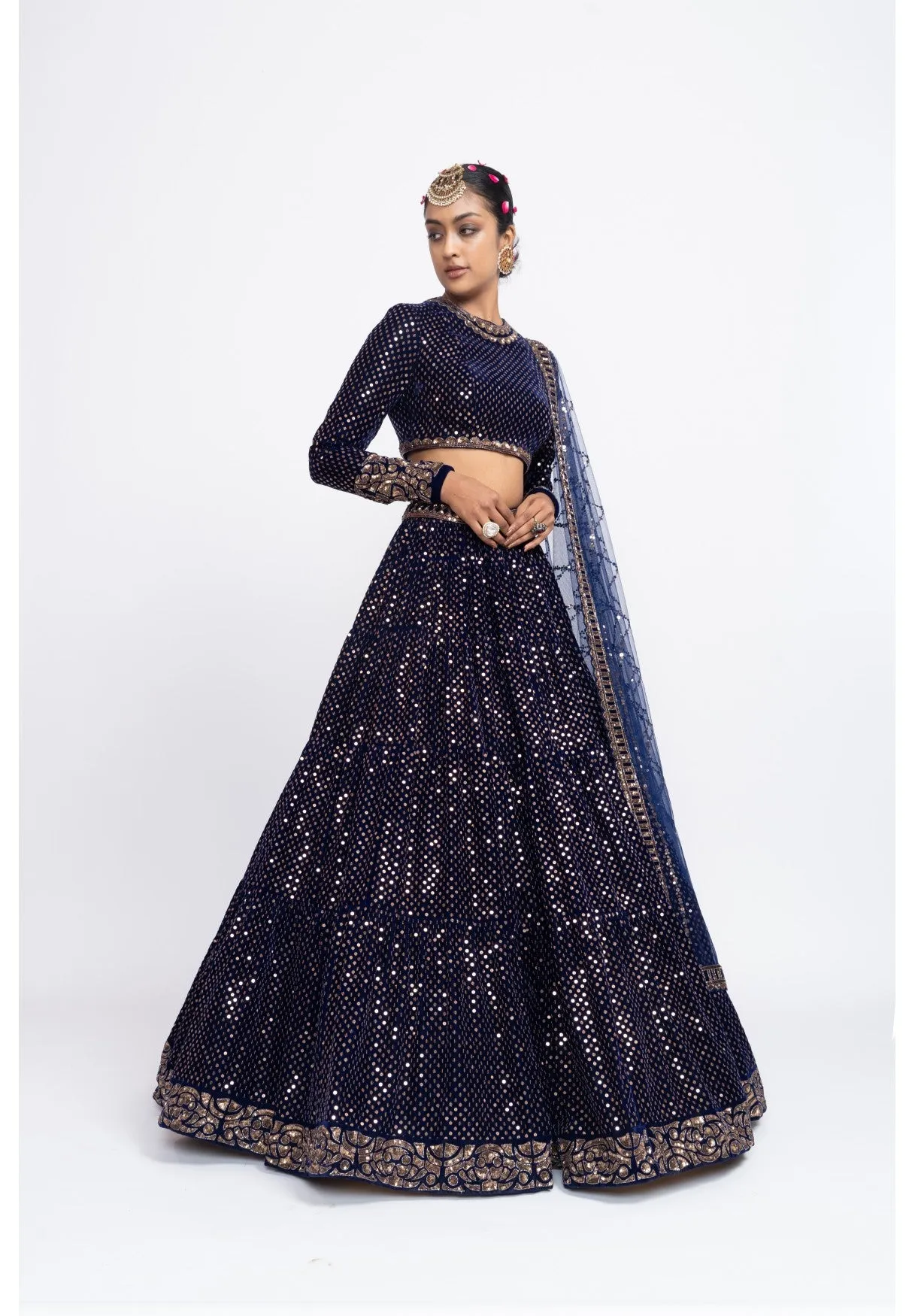 Navy Blue Dense Dot Lehenga Set