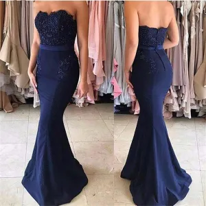 navy blue mermaid bridesmaid dresses long lace appliqué beaded elegant evening gown formal dress