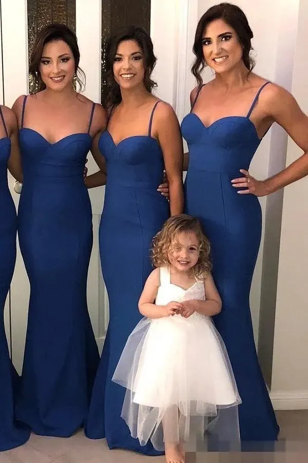 Navy Blue Mermaid Spaghetti Straps Sweetheart Long Bridesmaid Dress, MBD212