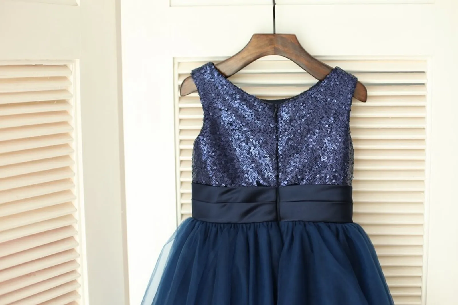 Navy Blue Sequin Tulle Wedding Flower Girl Dress, Curly Hem