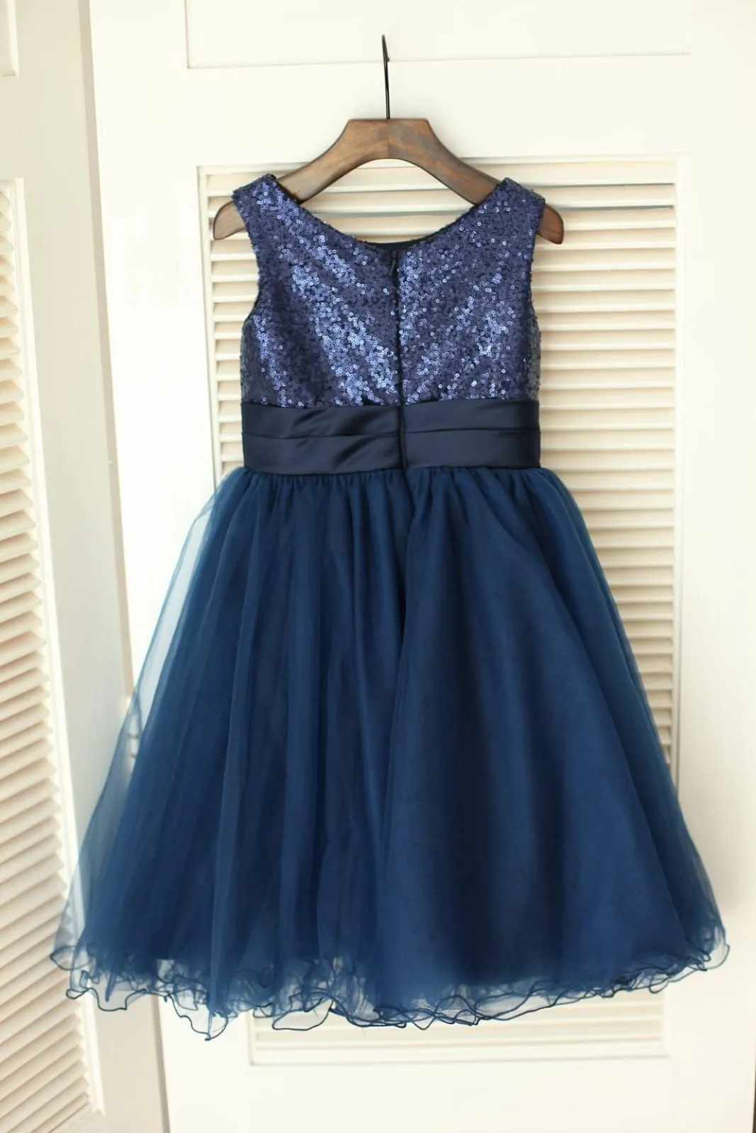 Navy Blue Sequin Tulle Wedding Flower Girl Dress, Curly Hem