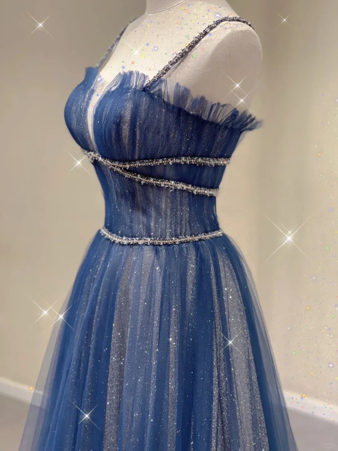Navy Blue Spaghetti Straps A-Line Tulle Long Formal Prom Dress, D459