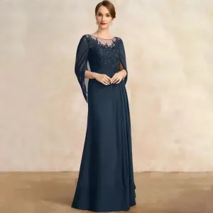 Navy Chiffon Lace and Sequin Gown