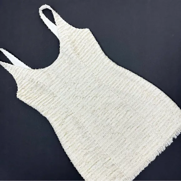 NBD Revolve Hendrix Ivory Gold Fringed Tweed Mini Dress Size M