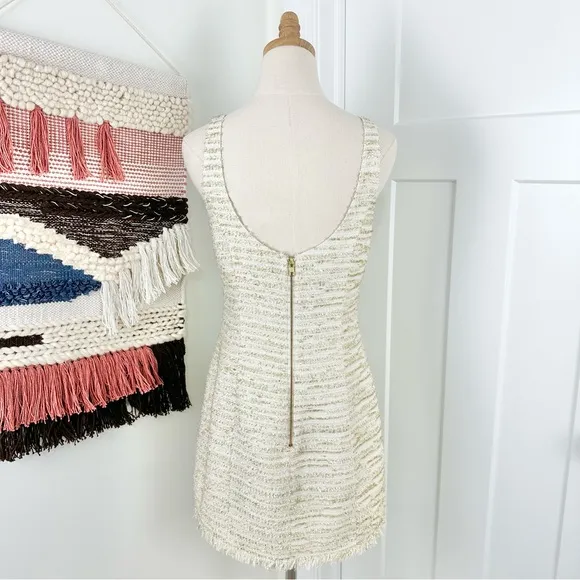NBD Revolve Hendrix Ivory Gold Fringed Tweed Mini Dress Size M