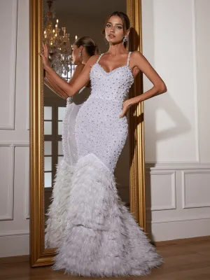 Nele Spaghetti Feather Trimmed Mermaid Maxi Dress