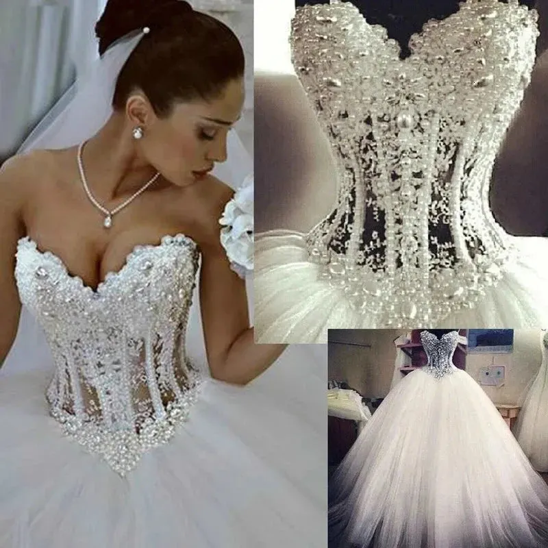 New Princess Vestido De Noiva Ball Dresses Sweetheart Fluffy Lace Beading Crystal Luxury Vintage Wedding Gowns