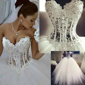 New Princess Vestido De Noiva Ball Dresses Sweetheart Fluffy Lace Beading Crystal Luxury Vintage Wedding Gowns