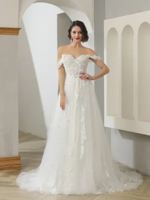 Off Shoulder 3D Floral Lace A-Line Wedding Dress | Karina