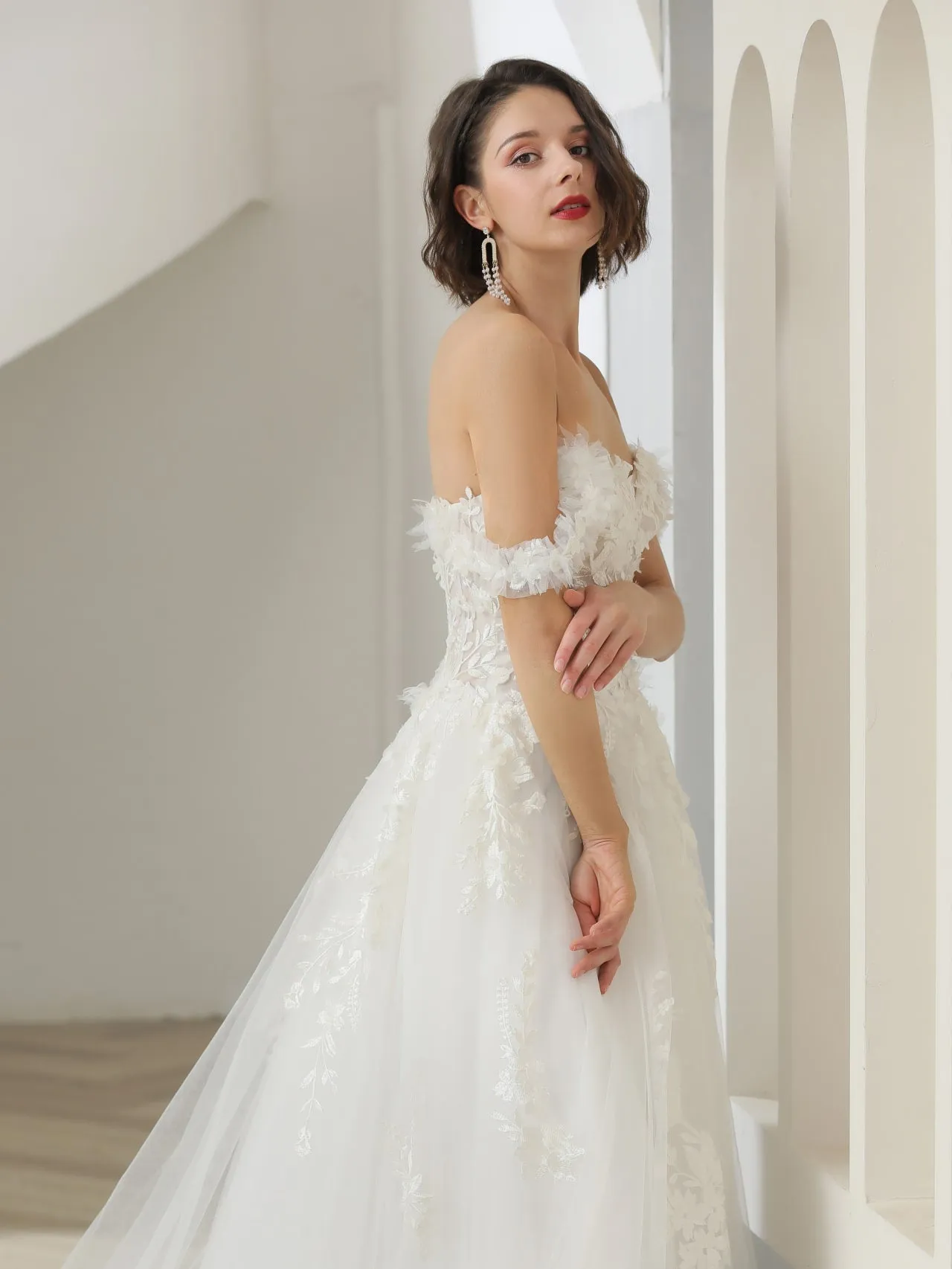 Off Shoulder 3D Floral Lace A-Line Wedding Dress | Karina
