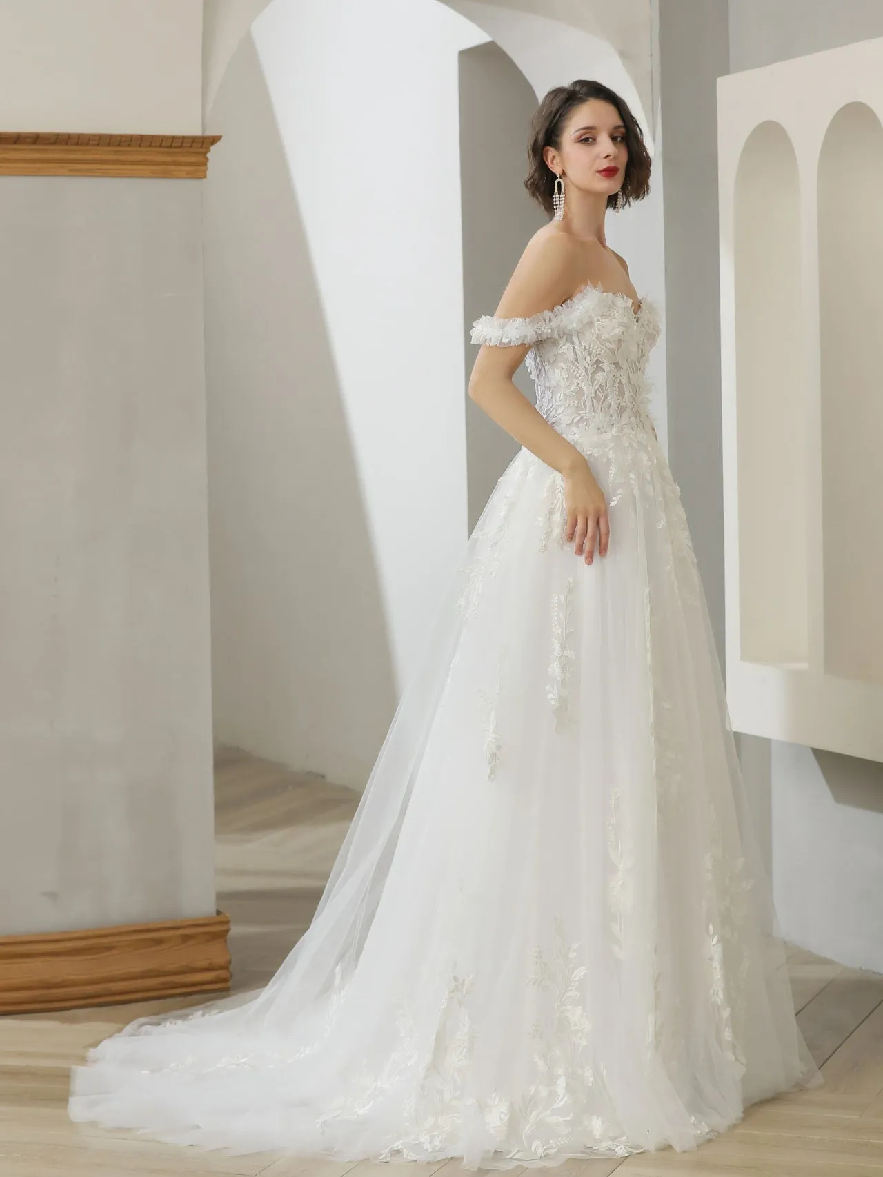 Off Shoulder 3D Floral Lace A-Line Wedding Dress | Karina