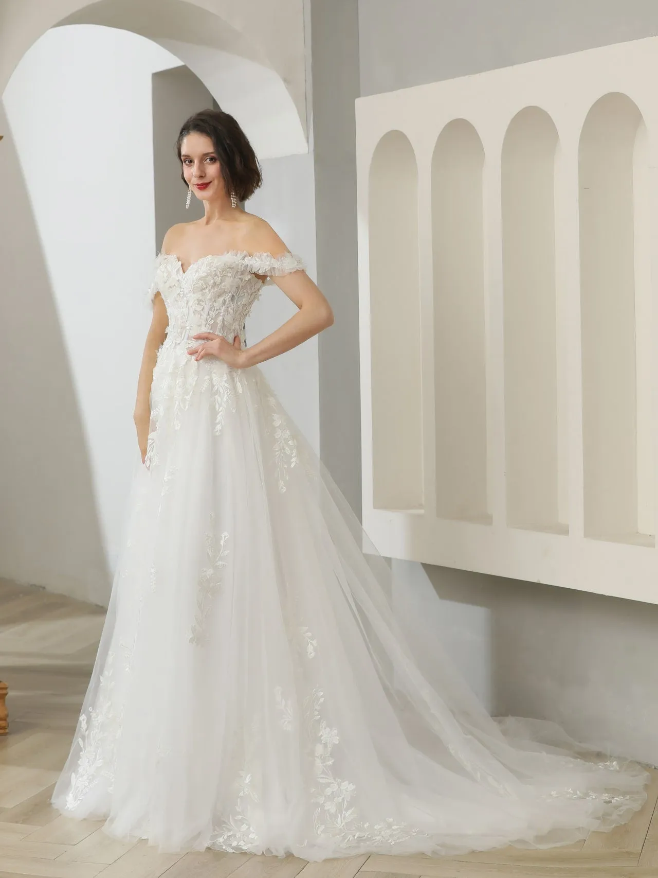 Off Shoulder 3D Floral Lace A-Line Wedding Dress | Karina