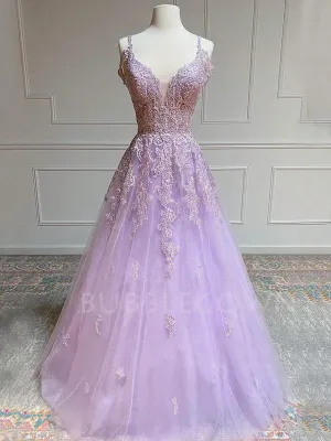Off Shoulder A-line Tulle Appliques Lace Long Evening Prom Dresses, Cheap Custom Prom Dress, MR7527