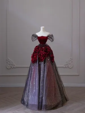 Off Shoulder A-Line Tulle Long Formal Prom Dress Evening Gown, D551
