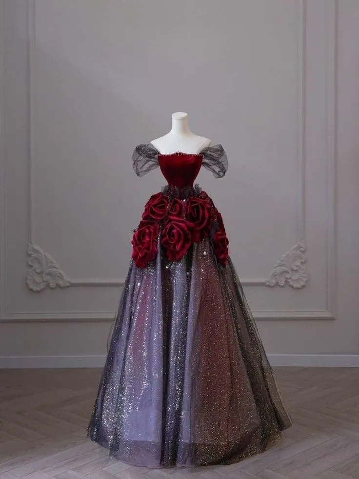 Off Shoulder A-Line Tulle Long Formal Prom Dress Evening Gown, D551
