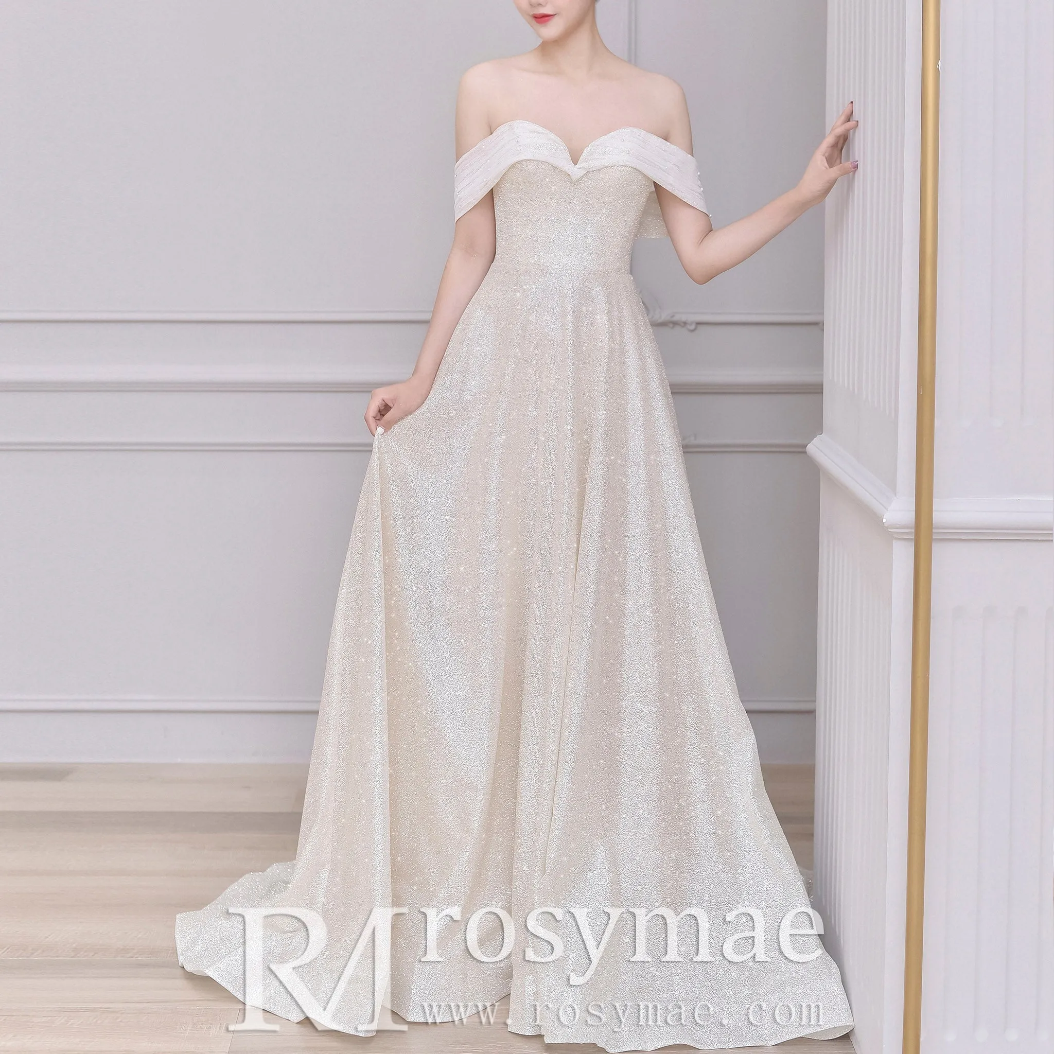 Off Shoulder A-line Wedding Dresses with Detachable Tulle Skirt