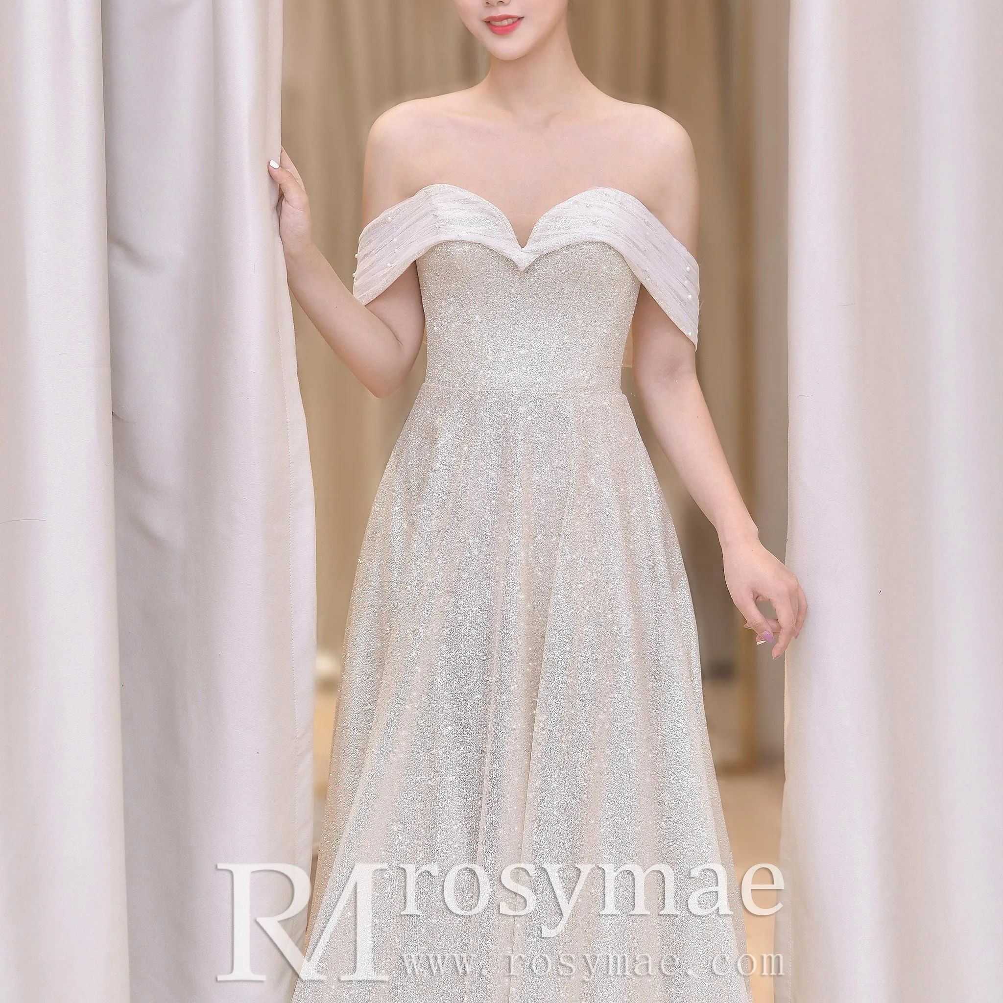Off Shoulder A-line Wedding Dresses with Detachable Tulle Skirt