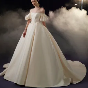 Off Shoulder Champagne Satin Wedding Dress with Short Sleeve