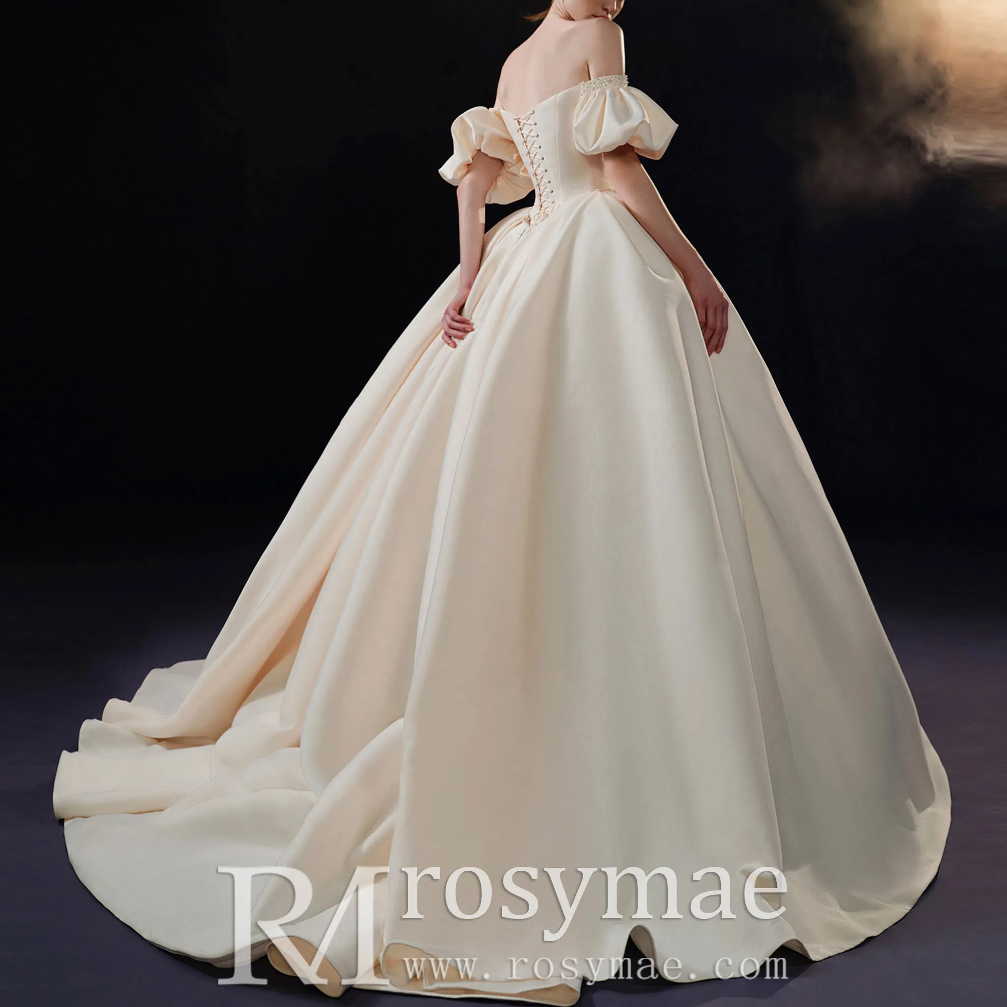Off Shoulder Champagne Satin Wedding Dress with Short Sleeve