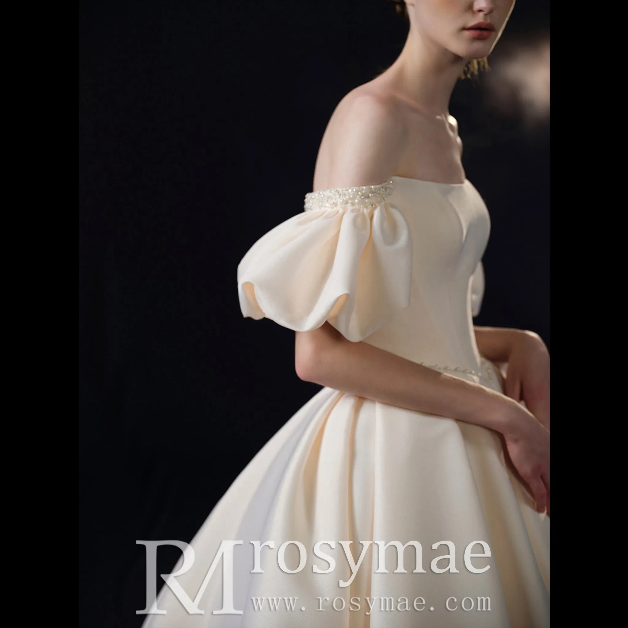 Off Shoulder Champagne Satin Wedding Dress with Short Sleeve
