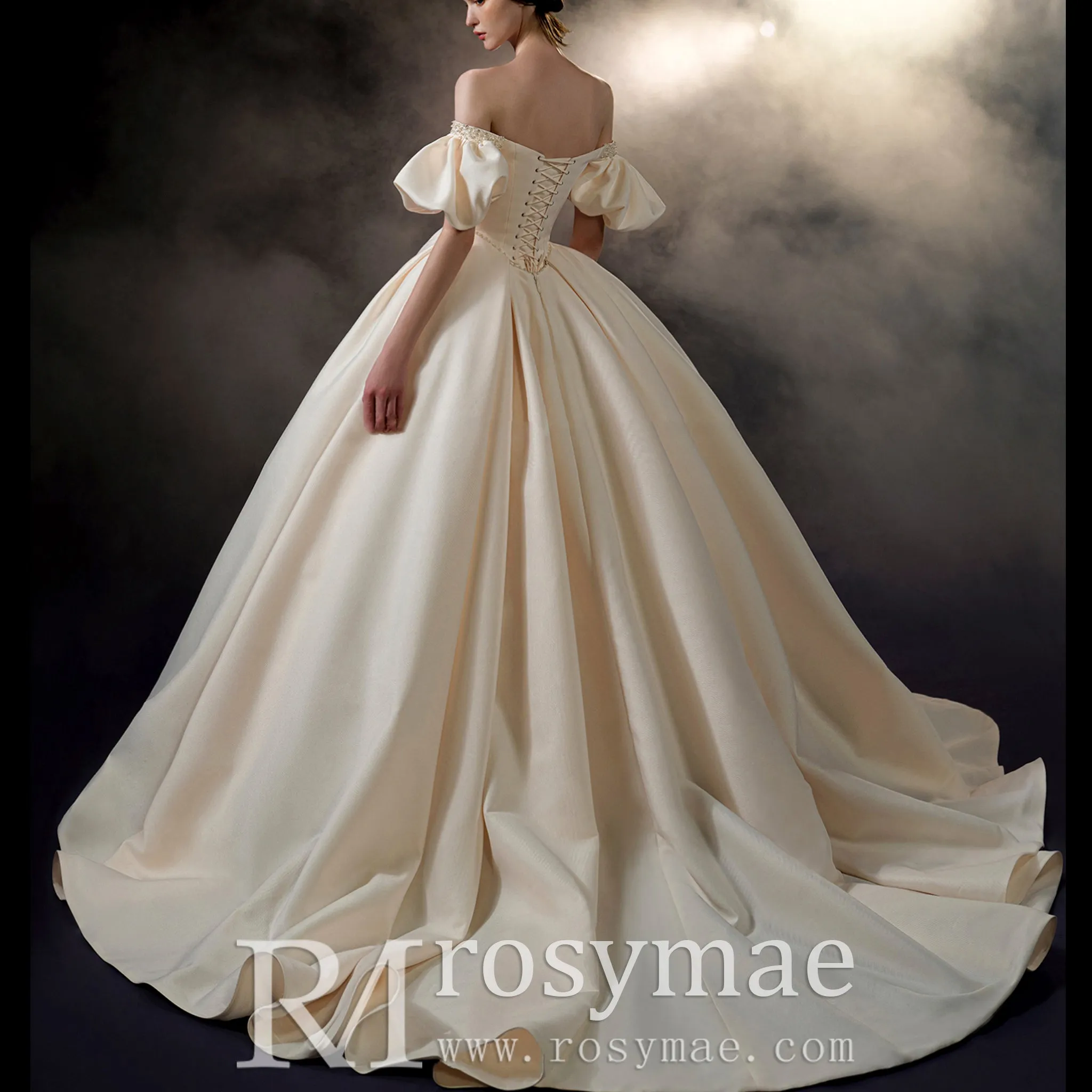 Off Shoulder Champagne Satin Wedding Dress with Short Sleeve