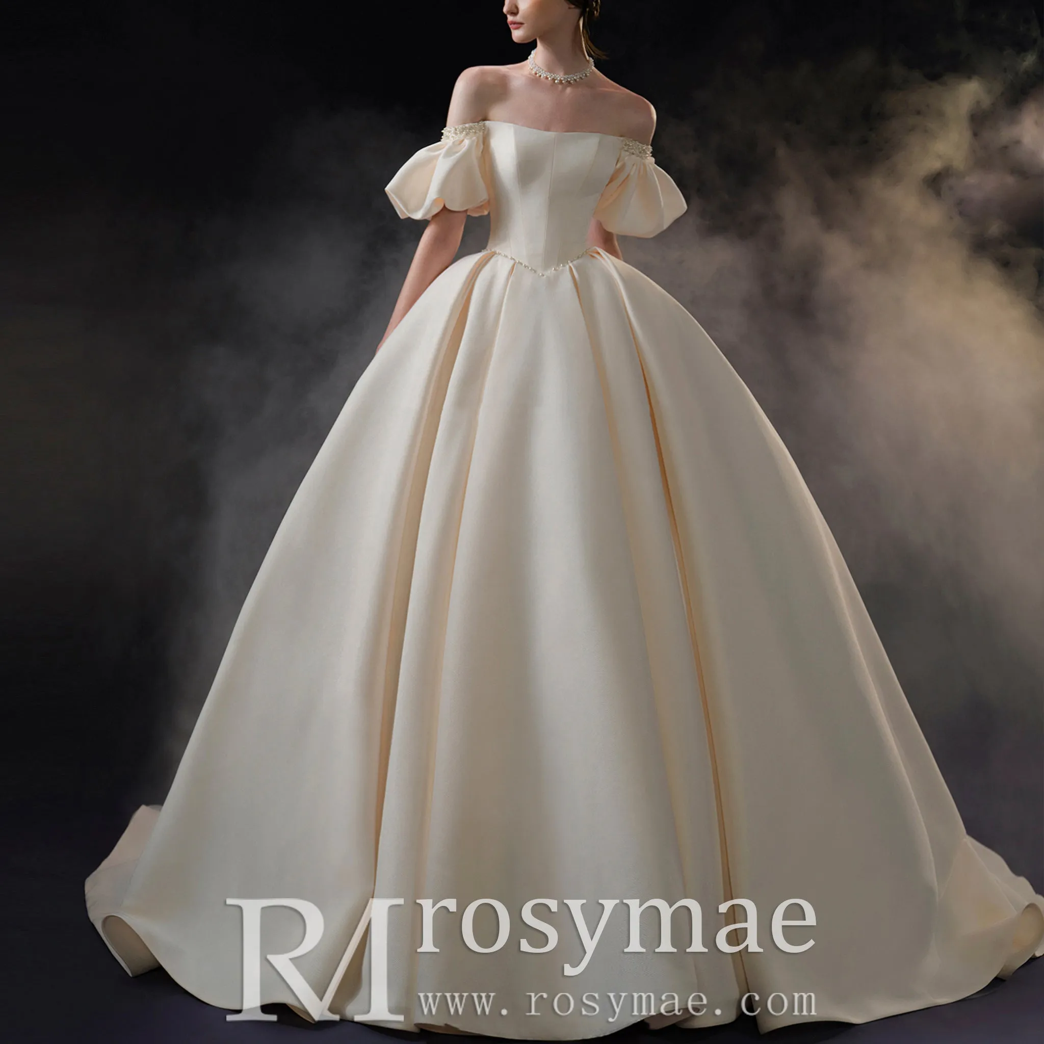 Off Shoulder Champagne Satin Wedding Dress with Short Sleeve