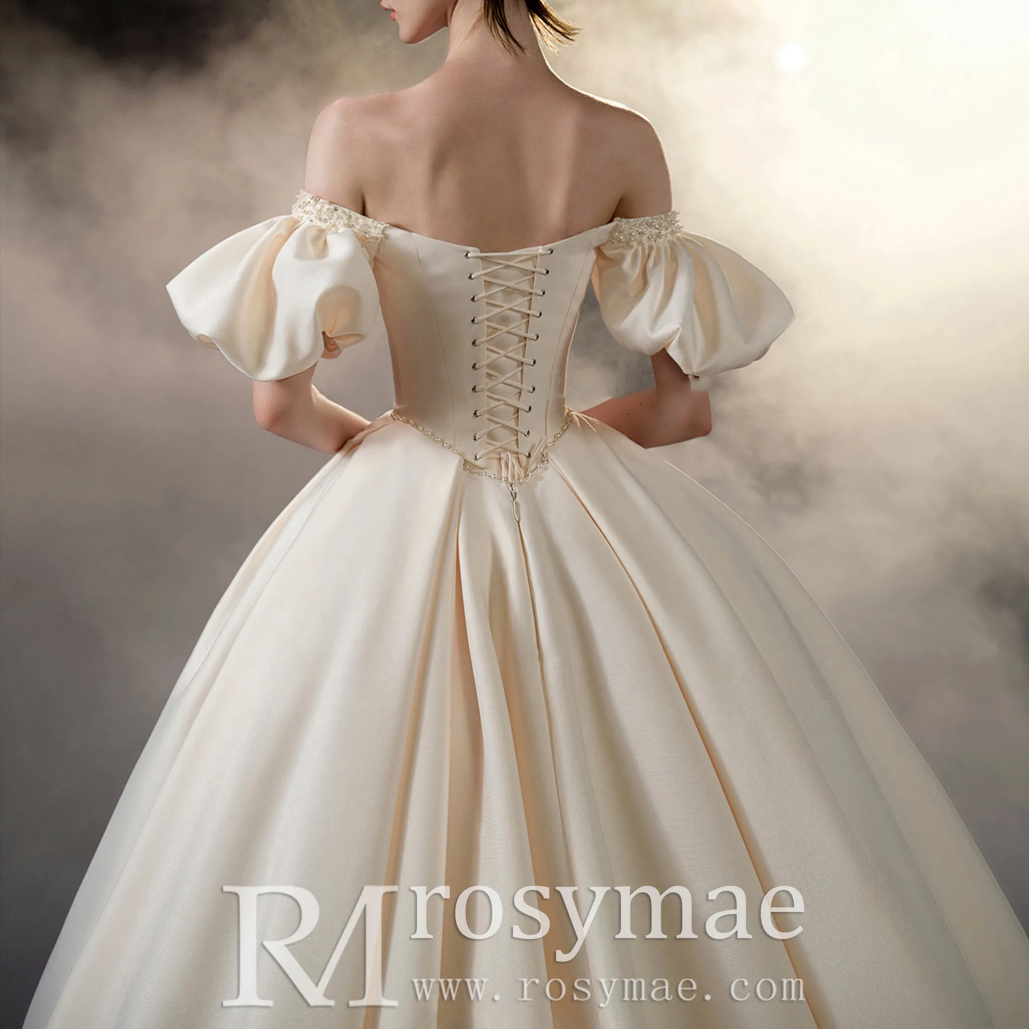 Off Shoulder Champagne Satin Wedding Dress with Short Sleeve